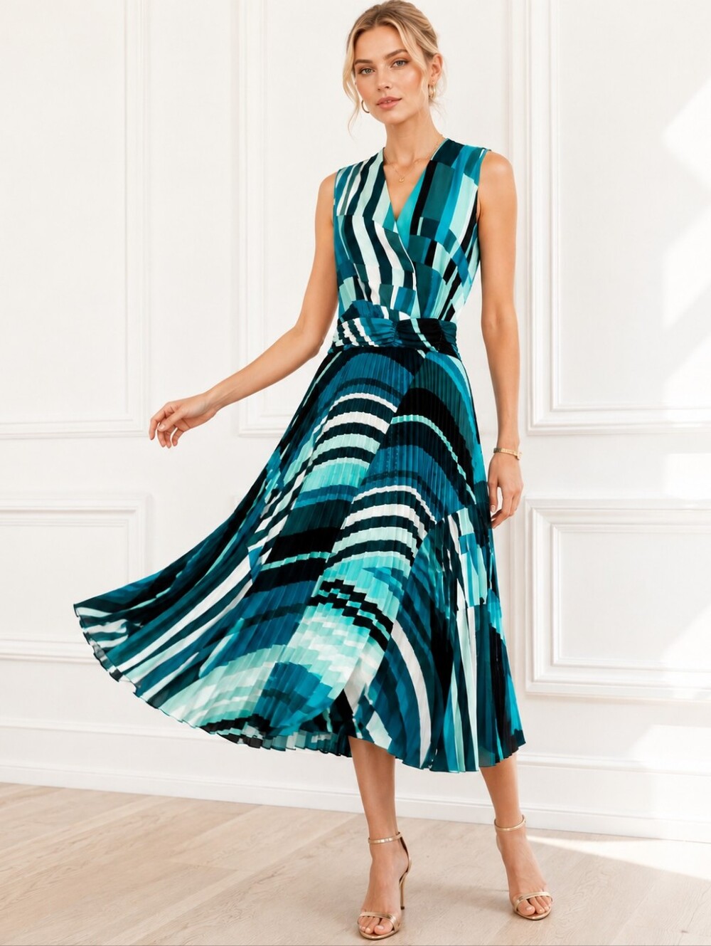Maison Tara Pleated Faux Wrap Midi Dress | Blue Teal Abstract Print | Size 8 - Picture 1 of 9
